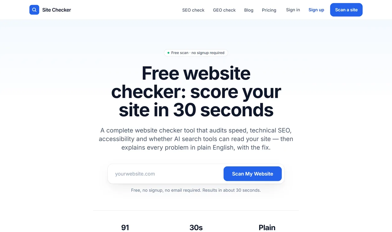 Free website checker homepage with a URL input box and a Scan My Website button